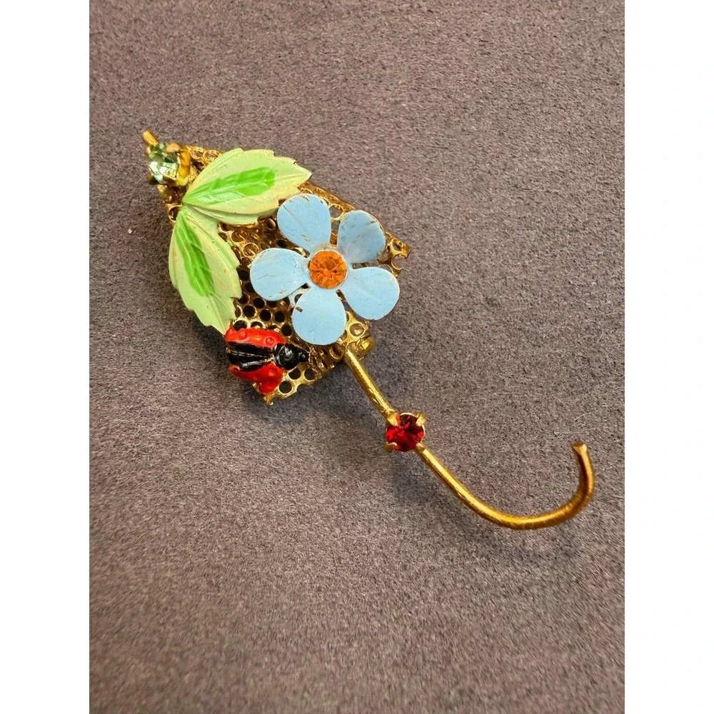 Gold Tone Brooch Rhinestone Enamel Umbrella Ladybug Flower Whimsical Filigree